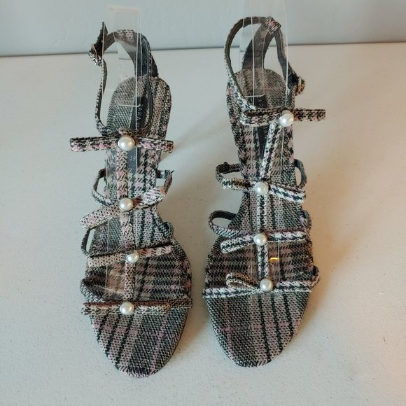 Zara Multicolor Plaid Sandals with Pearl Accents - Picture 2 of 10